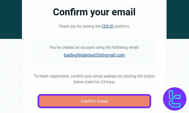 CEX.io email confirmation message for the account creation process