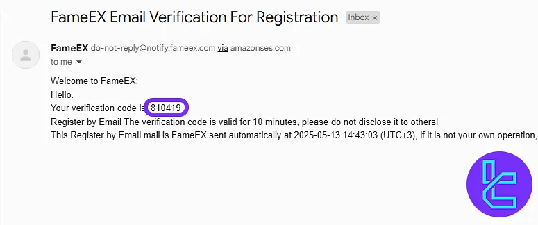 FameEX email showing verification code message to confirm the sign-up process