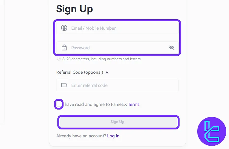 FameEX website with highlighted sign-up button