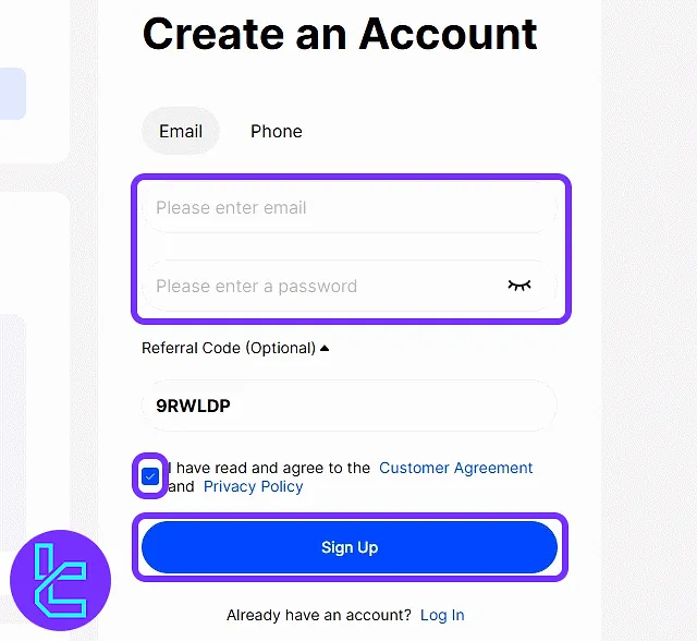 BingX sign-up form with required email and password fields