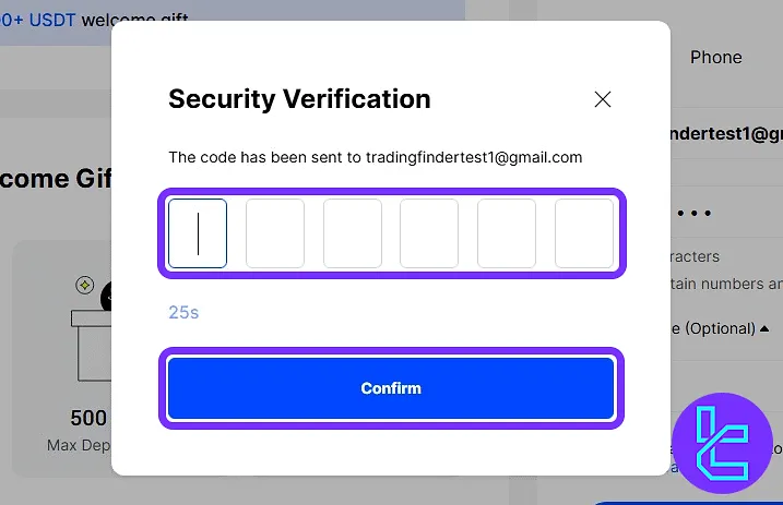 Input field on form for email verification code to finish the BingX account setup process