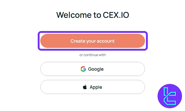 CEX.io account creation options with manual and social login