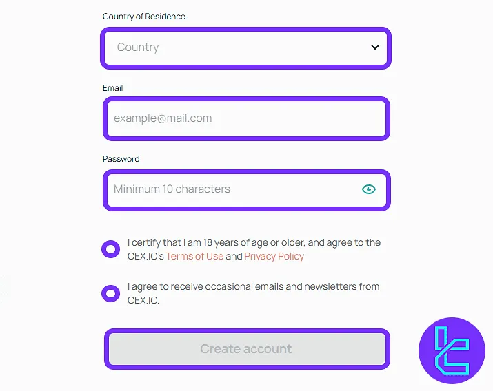 EX.io sign-up form with country, email, and password fields