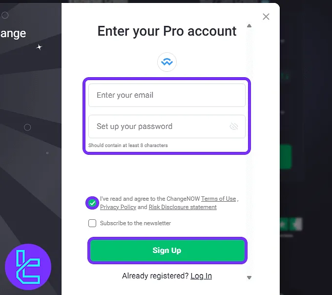 ChangeNOW sign-up form with email and password fields