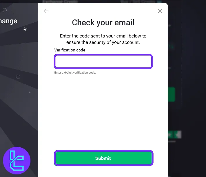 Field for entering the ChangeNOW email confirmation code to complete the sign-up process