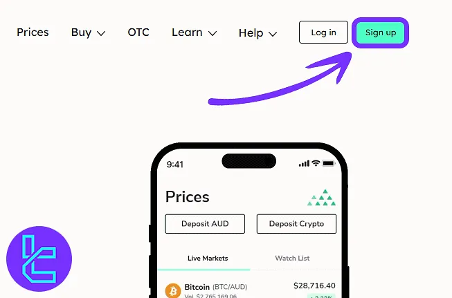 BTC Markets homepage showing how to start the account creation process