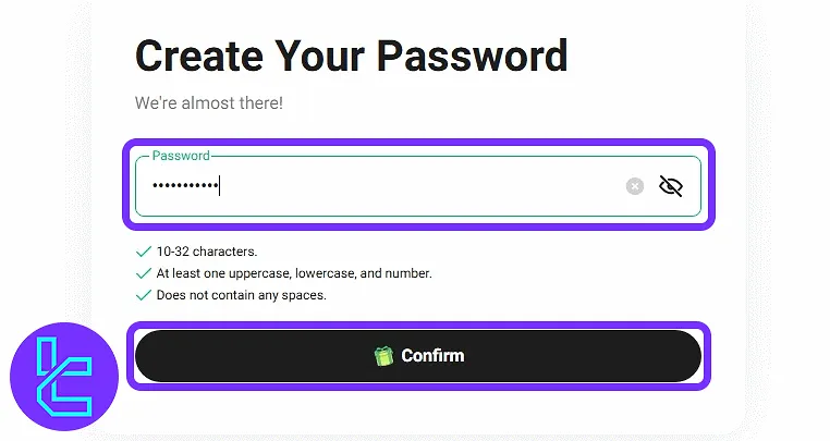 Coin password creation screen with requirements to complete the account setup