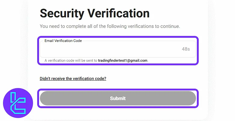 KuCoin interface showing email code submission form to proceed with the sign-up process