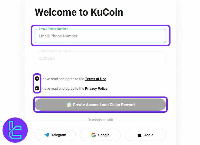 KuCoin sign-up form with email and agreement fields