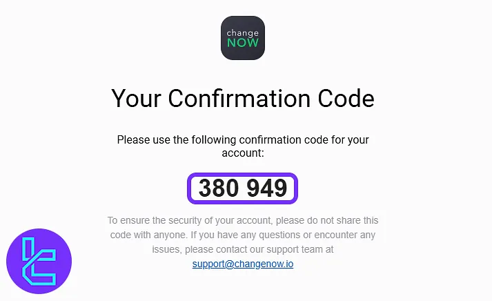 Confirmation email with ChangeNOW 6-digit verification code to complete the sign-up