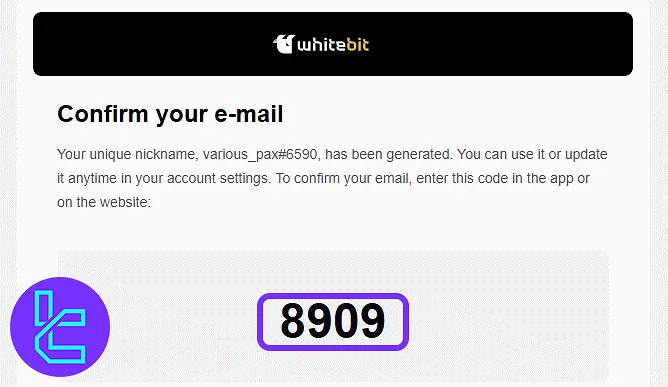 WhiteBIT email with a 4-digit confirmation code to proceed with the sign-up process