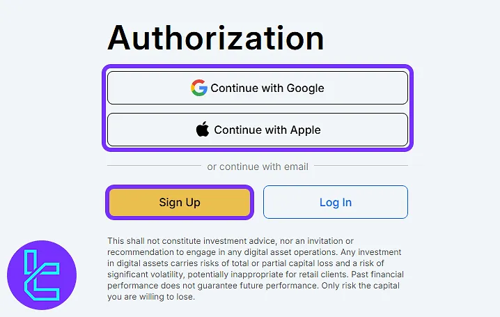 WhiteBIT sign-up screen with Google, Apple, and email options