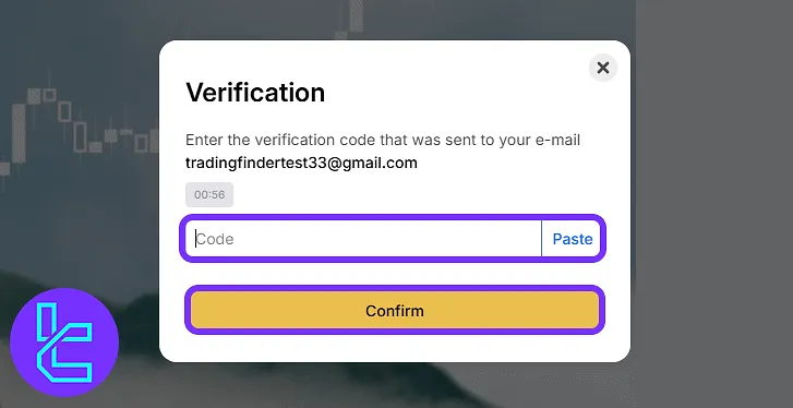 Field for entering WhiteBIT email verification code to finish the account setup