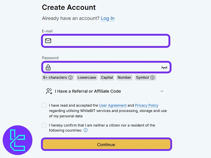 WhiteBIT form fields for email and password entry