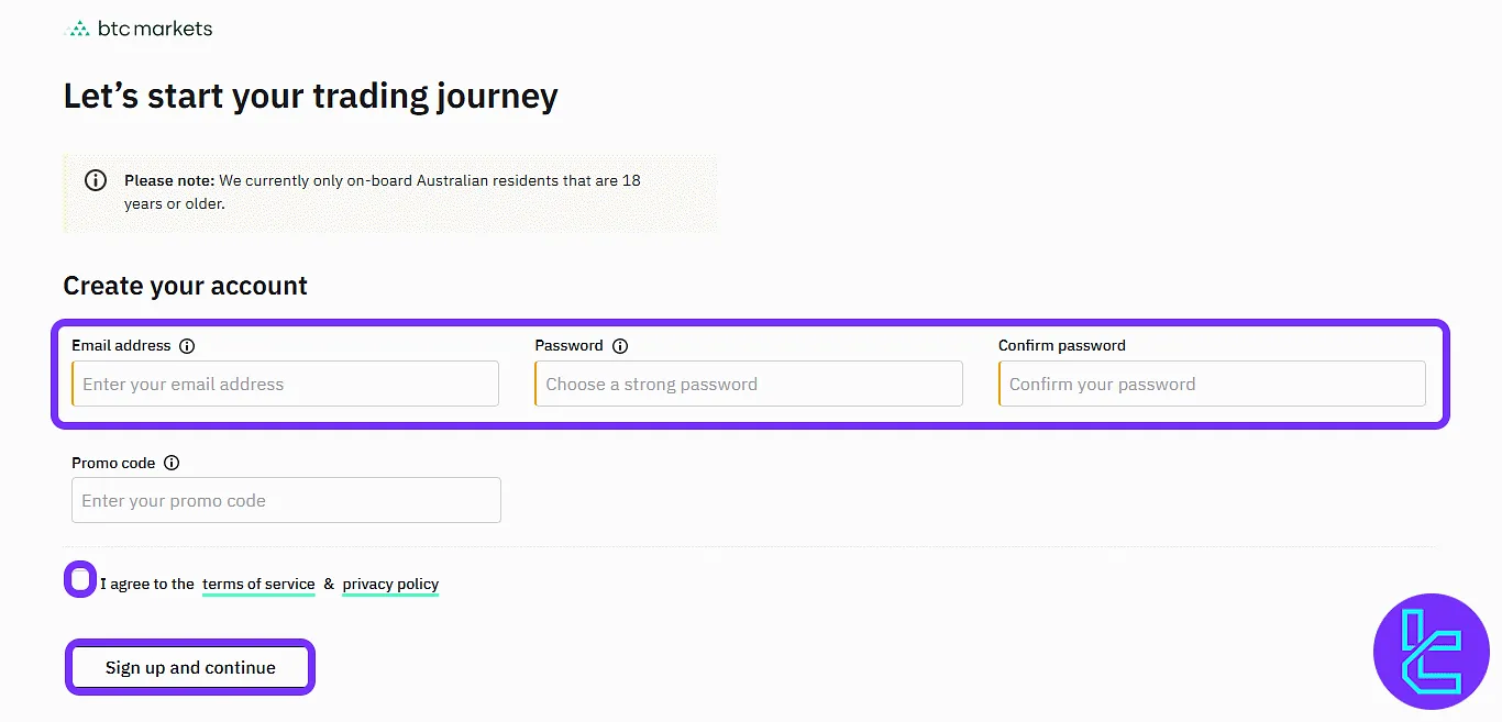 BTC Markets sign-up form displaying required account setup fields