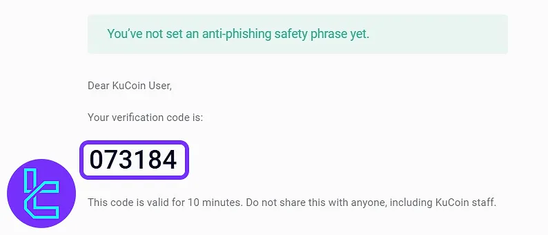 KuCoin email with 6-digit confirmation code to activate the newly created account