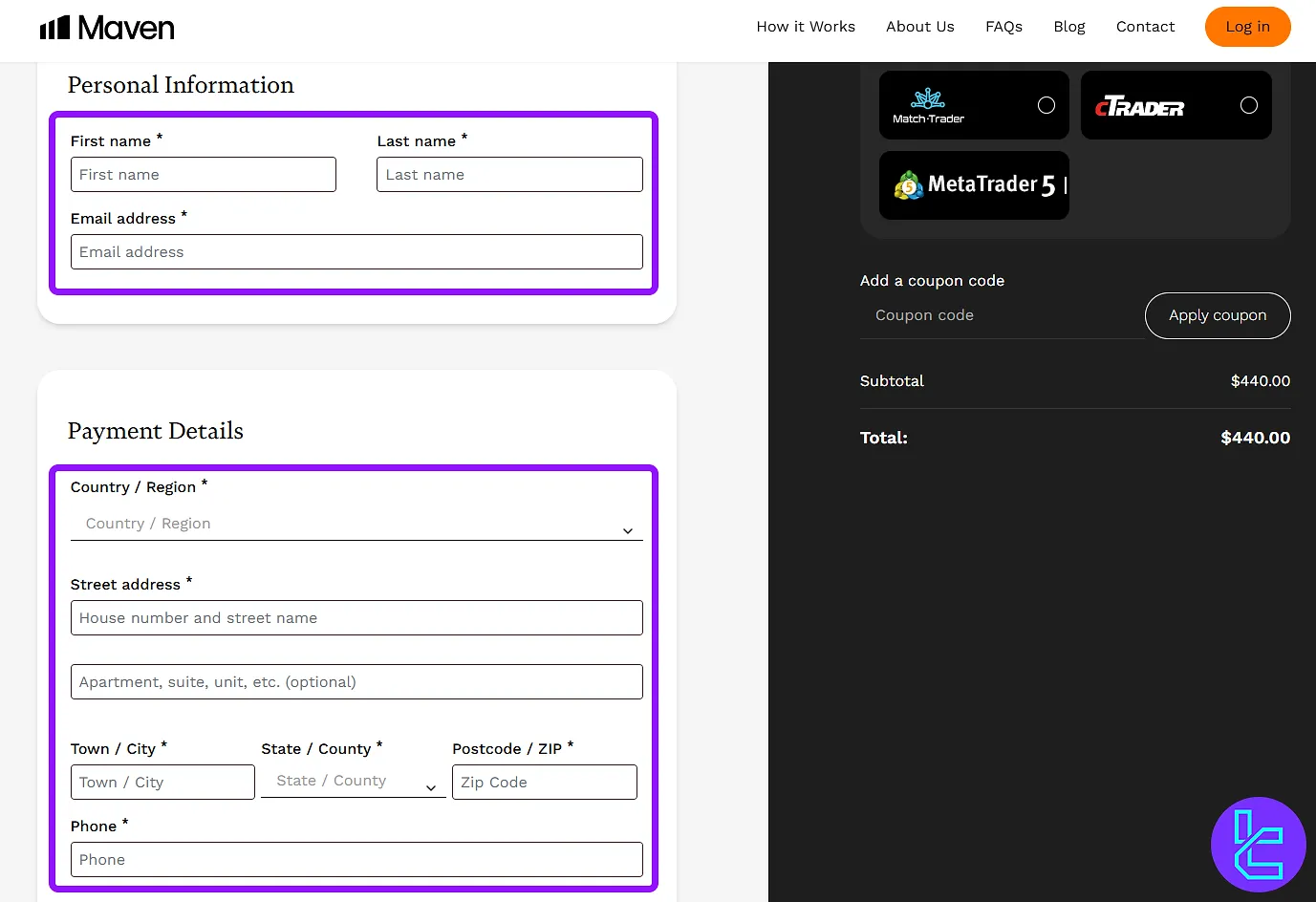 Maven Trading billing form