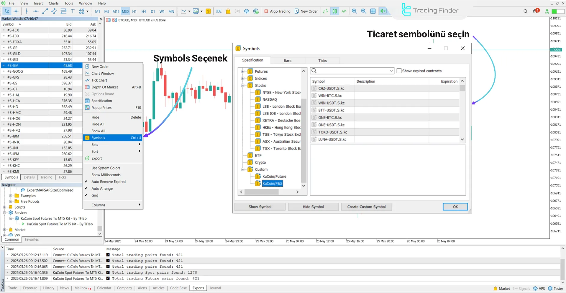 KuCoin Spot ve Vadeli İşlemler için Özel bölümden sembol seçimi