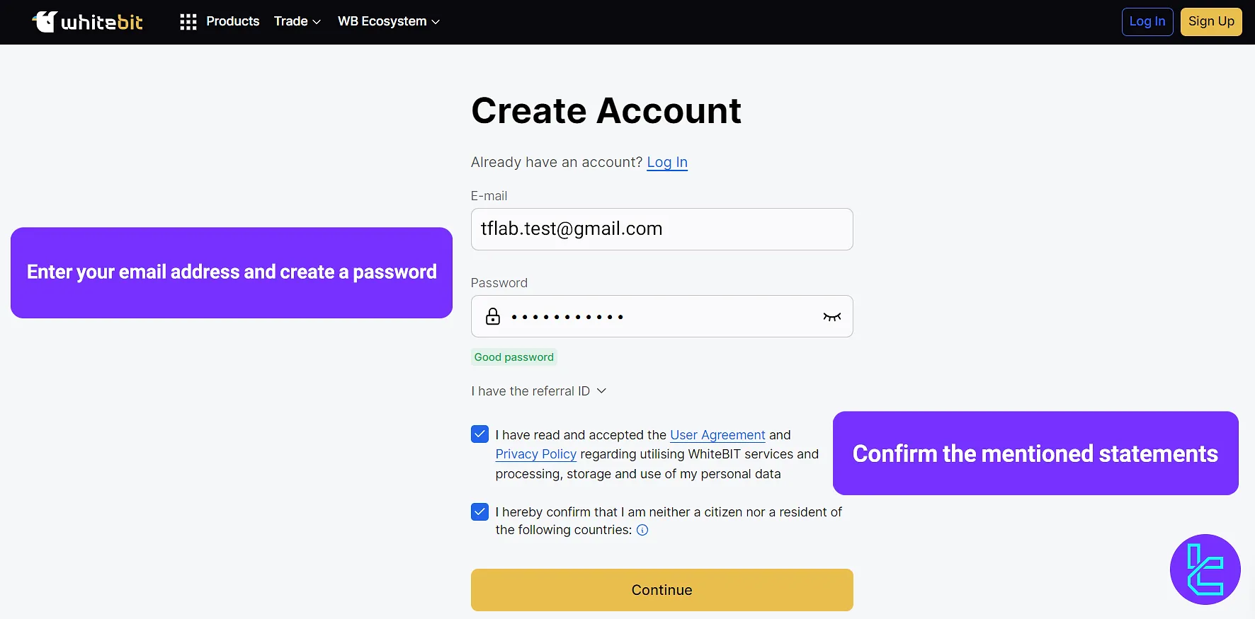 WhiteBIT sign up form