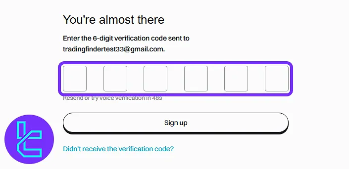 Bitget screen to input and submit email verification code to finish the account setup