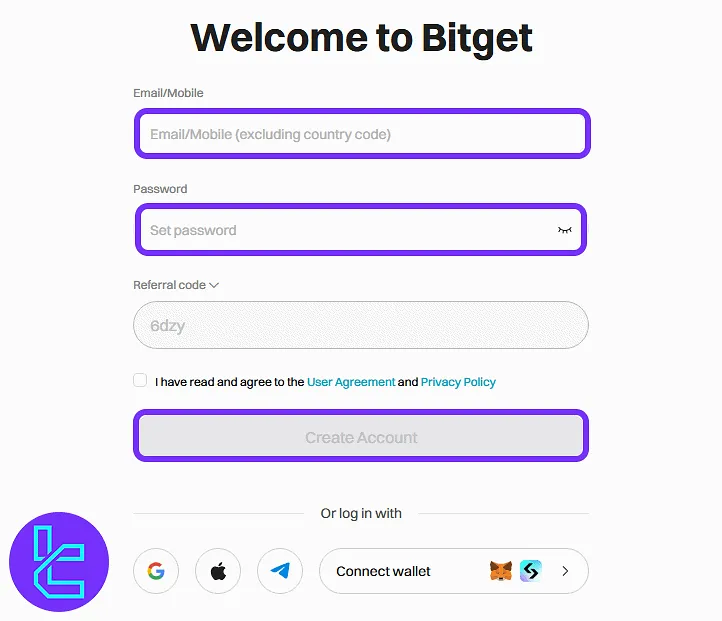 Bitget sign-up interface with email, password, and referral input