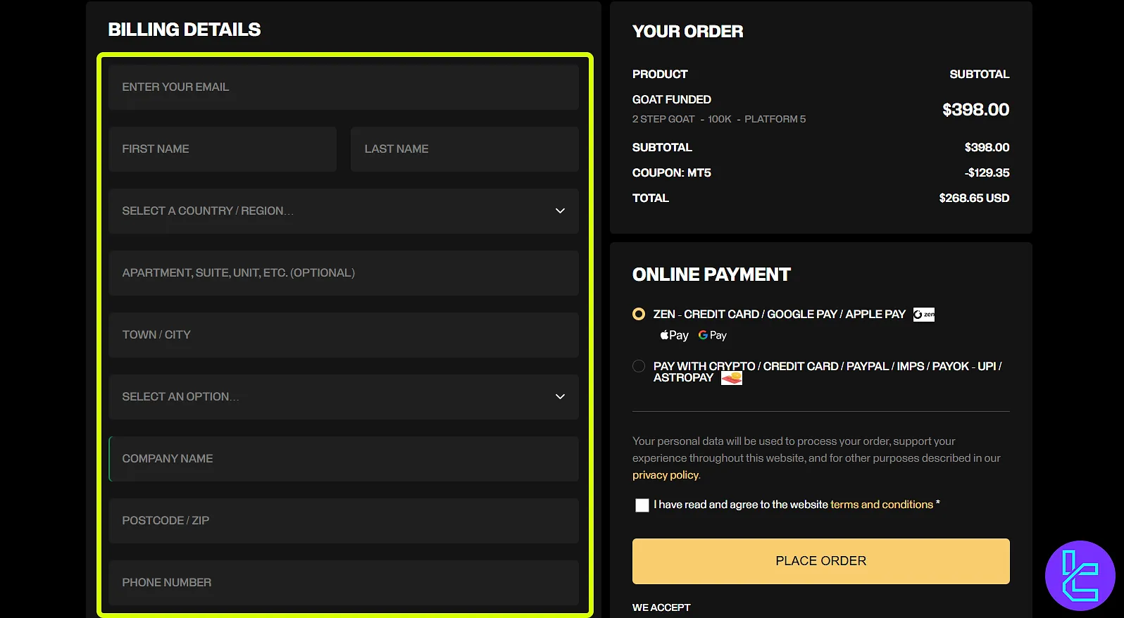 Goat Funded Trader registration and billing form