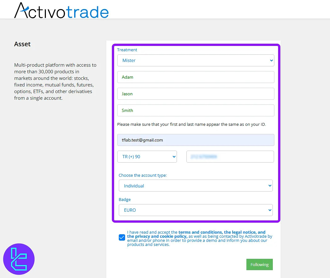 Activotrade registration form
