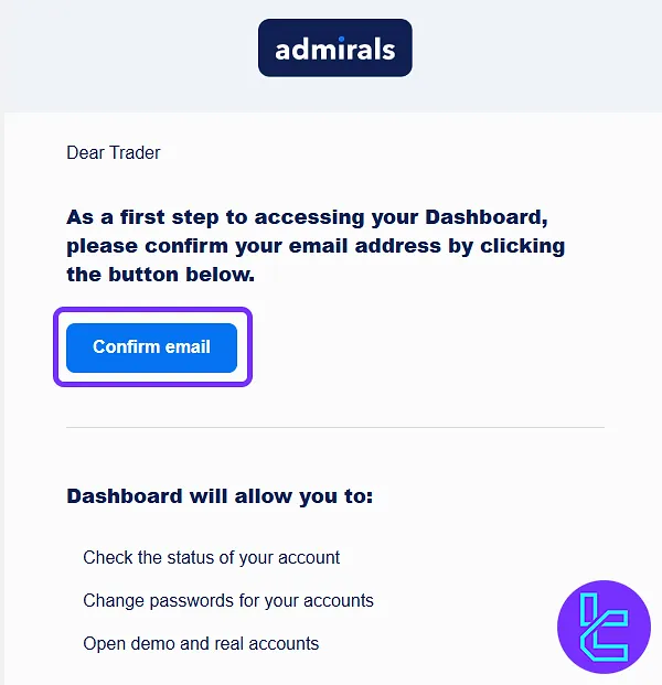 Admiral Markets account opening process email verification step