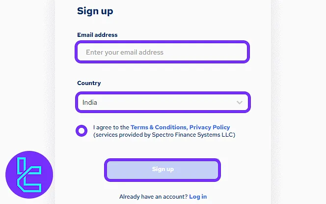 SpectroCoin account setup form requesting email and country details