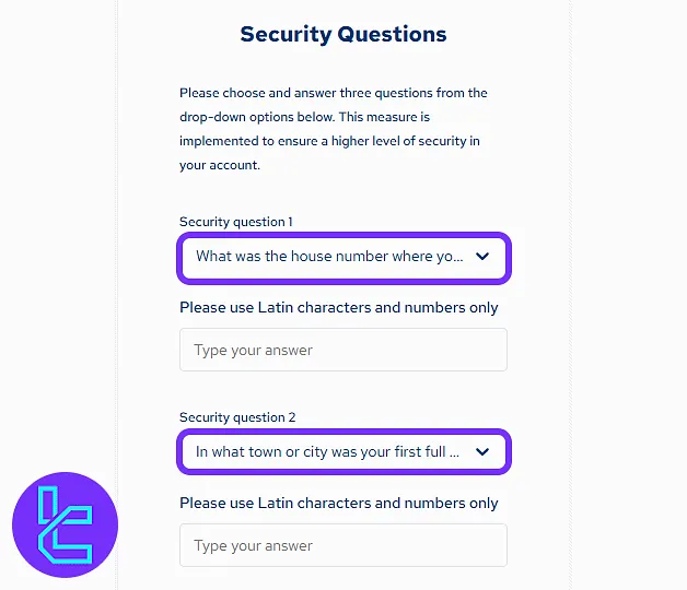 SpectroCoin security question interface with answer fields to complete the sign-up process