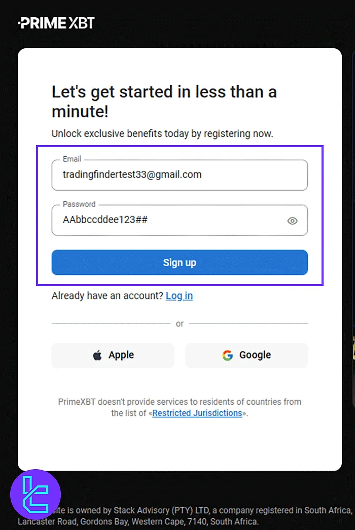 PrimeXBT Registration