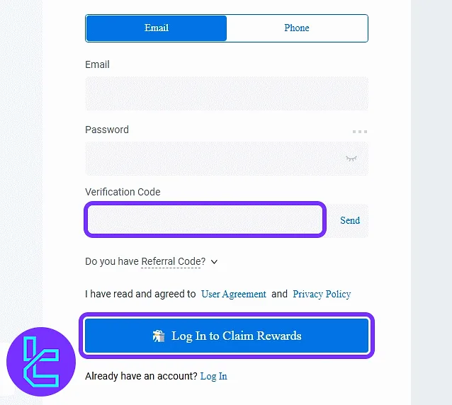 HTX code entry form before accessing the user dashboard in the sign-up process