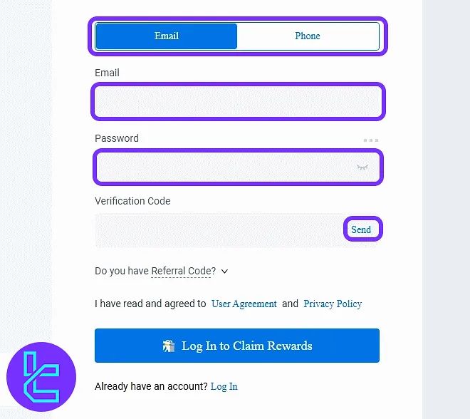 HTX account creation form with email, password, and verification code fields