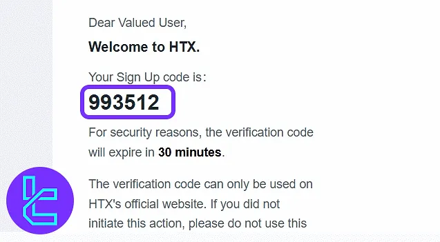 HTX verification email with 6-digit sign-up code