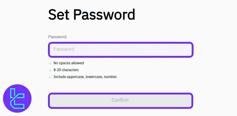 Password setup screen in the Bitrue onboarding