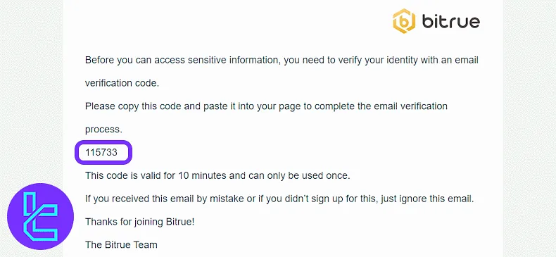 Bitrue verification code sent to user email to proceed with the sign-up process
