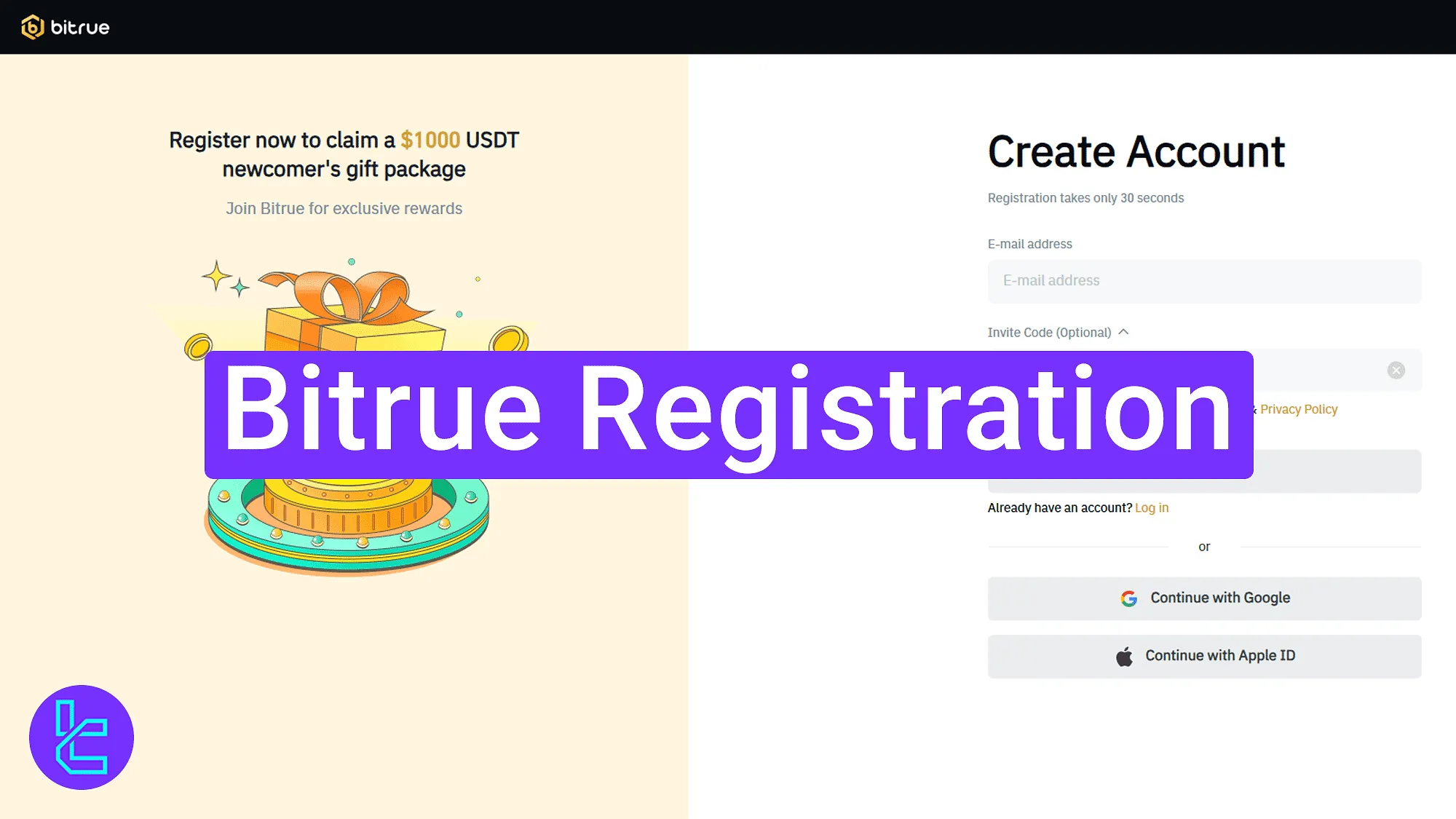 Bitrue account creation guide with email or social login options
