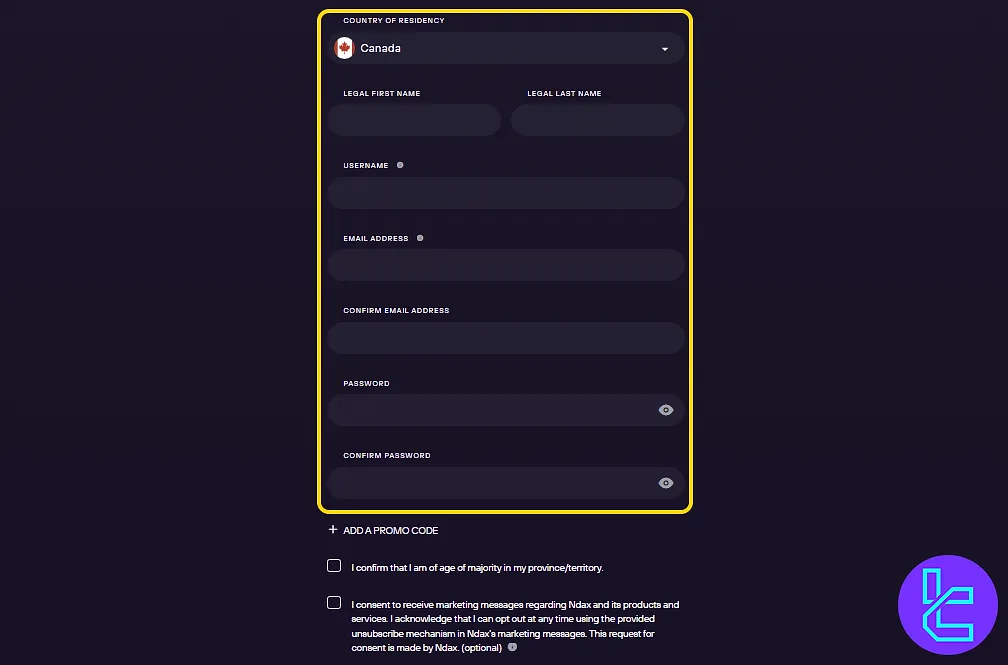 Ndax account setup form