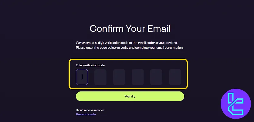 Email verification screen of Ndax signup