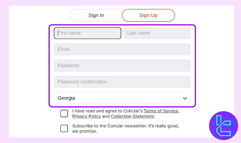 CoinJar account setup secure password entry form