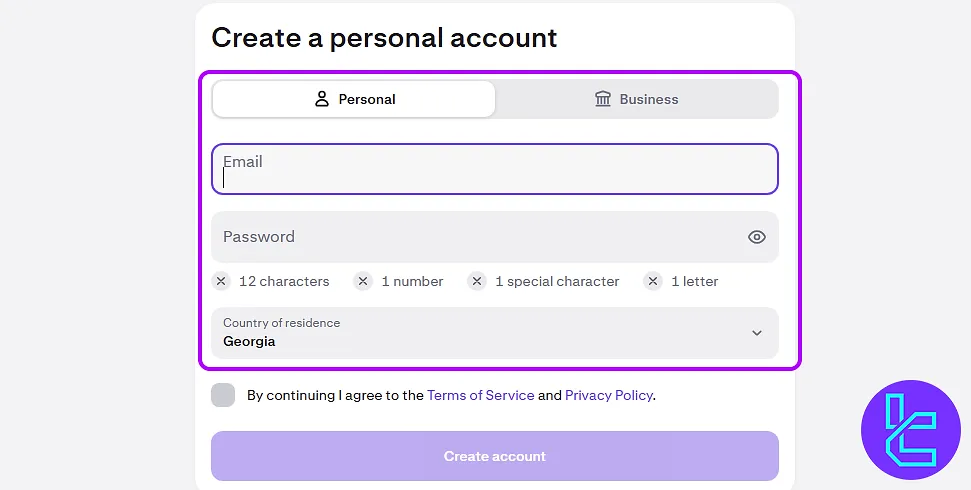 Kraken sign-up form