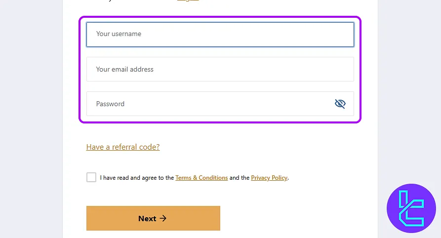 Account creation page on Independent Reserve website