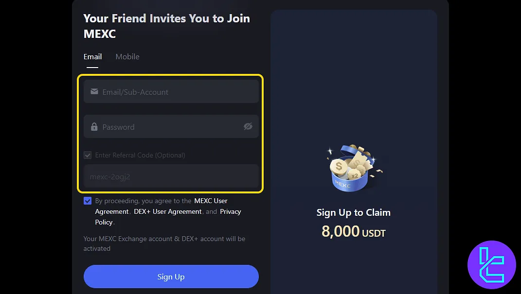 Email and password entry for MEXC signup