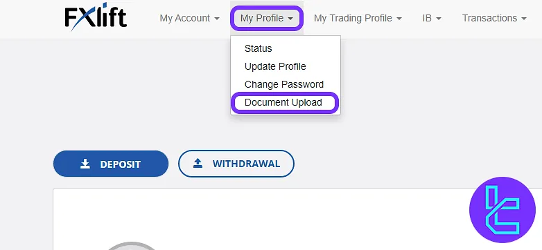 Accessing the FXlift profile section to begin identity document upload