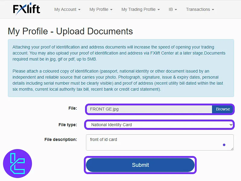 Uploading the FXlift identity document file and selecting the document category