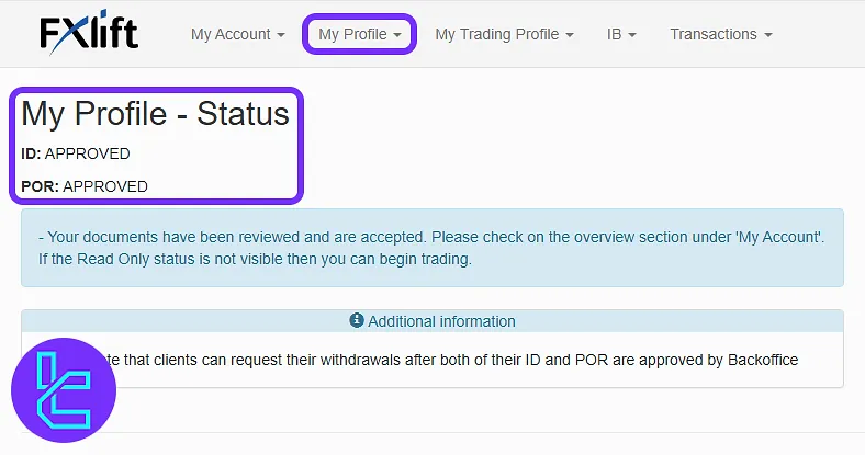 FXlift user dashboard displaying approval of identity and address checks
