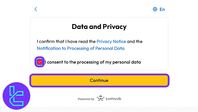 Taurex user consent and privacy confirmation screen in the KYC process