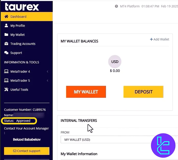 Taurex account status marked as approved