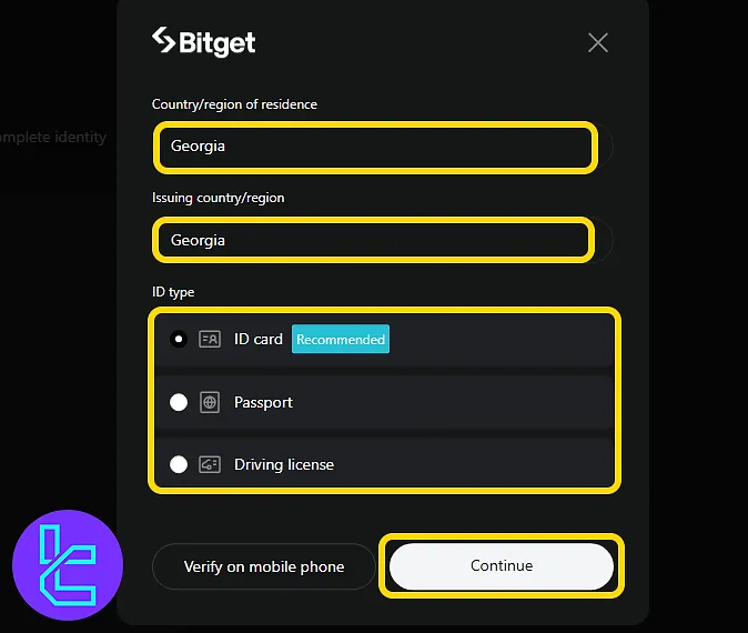 Choosing document and country details in the Bitget identity setup