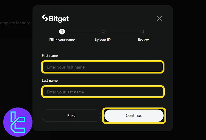 Input fields for personal info in the Bitget identity check